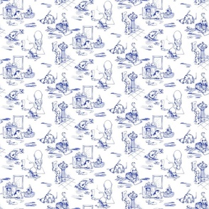 Kitty Cats Bathroom Toile -- Willow Blue Toilet Toile de Jouy with Playing Cats -- Willow Blue Cats Bathroom Wallpaper Delight -- cattoile kct005 -- 12in x 10.29in repeat -- 600dpi (25% of Full Scale)