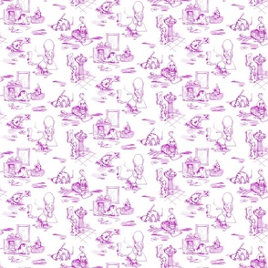 Kitty Cats Bathroom Toile -- Magenta Toilet Toile with Playing Cats -- Magenta Cats Bathroom Wallpaper Delight -- cattoile kct007 -- 12in x 10.29in repeat -- 600dpi (25% of Full Scale)