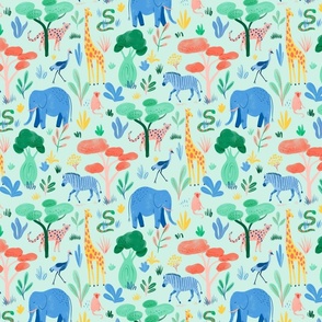 Safari Animals - Elephant, giraffe, zebra, Cheetah - Multicolours on Green - Mini Print