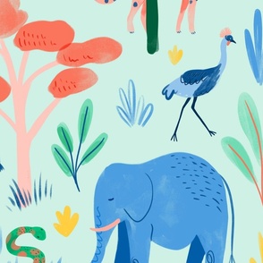 Safari Animals - Elephant, giraffe, zebra, Cheetah - Multicolours on Green - Large Print