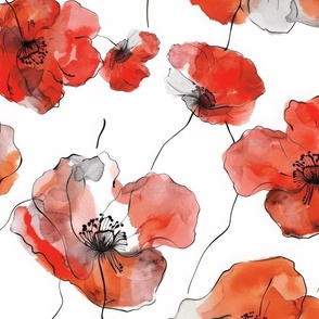 Red Watercolour Poppies on White