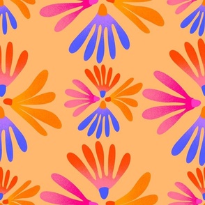 Seventies Style Daisies In Magenta, Orange and Blue on Warm Yellow