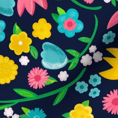 fresh blooms ditsy in dark navy, large scale
