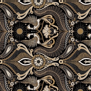 Maximalist golden birds, firebird with folk and art deco decorations - black and gold - ROTATED - large
