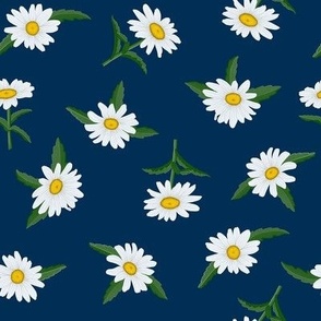 White Shasta Daisies, Sm Scattered Floral Pattern, White Flowers, Yellow Centers, Dark Green Leaves, Navy Blue Background