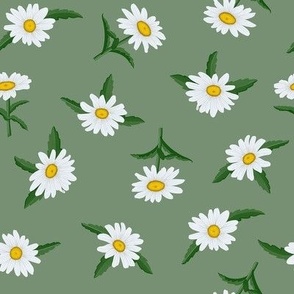 White Shasta Daisies, Sm  Scattered Floral Pattern, White Flowers, Yellow Centers, Dark Green Leaves, Medium Green Background