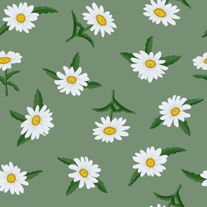 White Shasta Daisies, Med Scattered Floral Pattern, White Flowers, Yellow Centers, Dark Green Leaves, Medium Green Background