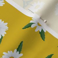 White Shasta Daisies, Sm Scattered Floral Pattern, White Flowers, Yellow Centers, Dark Green Leaves, Yellow Gold Background