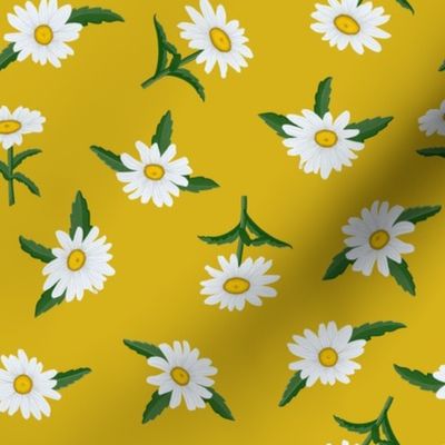 White Shasta Daisies, Sm Scattered Floral Pattern, White Flowers, Yellow Centers, Dark Green Leaves, Yellow Gold Background