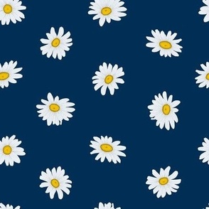 White Shasta Daisies, Sm Half-Drop Floral Pattern, White Flowers, Yellow Centers, Navy Blue Background