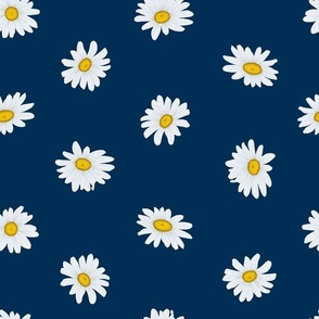 White Shasta Daisies, Med Half-Drop Floral Pattern, White Flowers, Yellow Centers, Navy Blue Background