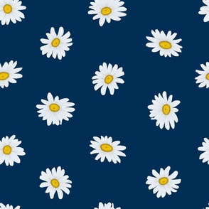 White Shasta Daisies, Lg Half-Drop Floral Pattern, White Flowers, Yellow Centers, Navy Blue Background