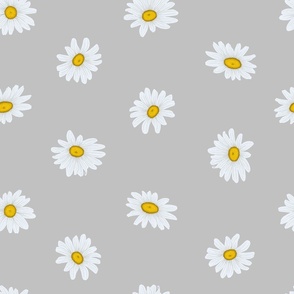 White Shasta Daisies, Lg Half-Drop Floral Pattern, White Flowers, Yellow Centers, Light Gray Background