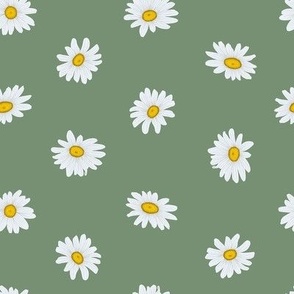 White Shasta Daisies, Sm Half-Drop Floral Pattern, White Flowers, Yellow Centers, Medium Green Background
