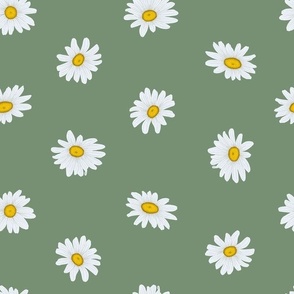 White Shasta Daisies, Med Half-Drop Floral Pattern, White Flowers, Yellow Centers, Medium Green Background