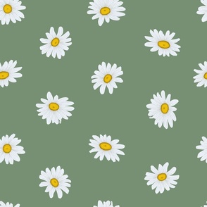 White Shasta Daisies, Lg Half-Drop Floral Pattern, White Flowers, Yellow Centers, Medium Green Background