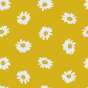 White Shasta Daisies, Sm Half-Drop Floral Pattern, White Flowers, Yellow Centers, Yellow Gold Background