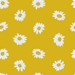 White Shasta Daisies, Med Half-Drop Floral Pattern, White Flowers, Yellow Centers, Yellow Gold Background