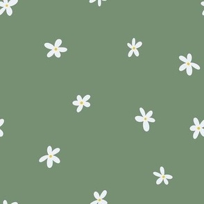 White Daisies, Sm Loose Tossed Floral Dot Pattern, White Flowers, Yellow Centers, Medium Green Background