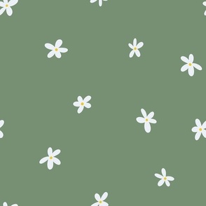 White Daisies, Med Loose Tossed Floral Dot Pattern, White Flowers, Yellow Centers, Medium Green Background