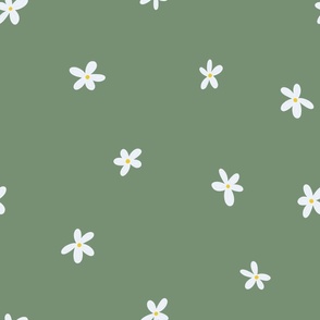 White Daisies, Lg Loose Tossed Floral Dot Pattern, White Flowers, Yellow Centers, Medium Green Background