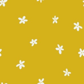 White Daisies, Sm Loose Tossed Floral Dot Pattern, White Flowers, Yellow Centers, Yellow Gold Background