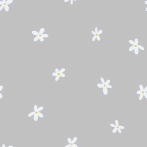 White Daisies, Lg Loose Tossed Floral Dot Pattern, White Flowers, Yellow Centers, Light Gray  Background