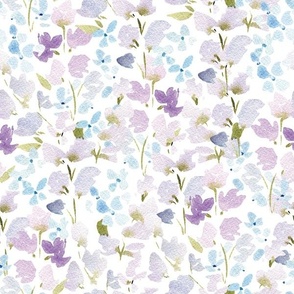 Watercolor sweet pea wild flowers in blue and purple on white