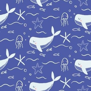Blue under sea whales with jellyfish, starfish in navy, and light blue- deep blue