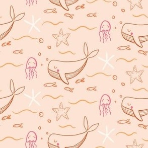 Peach under sea whales with jellyfish, starfish in rust, apricot, pink and peach- feeling peachy
