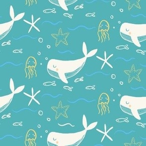 Turquoise under sea whales with jellyfish, starfish in green, yellow, white and blue- lagoon