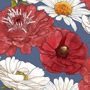 Floral Quartet - Red & White Ranunculus, Red Zinnias, and Daisies on New Denim