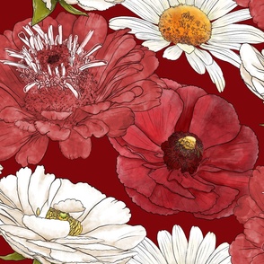 Floral Quartet - Red & White Ranunculus, Red Zinnias, and Daisies on Crimson