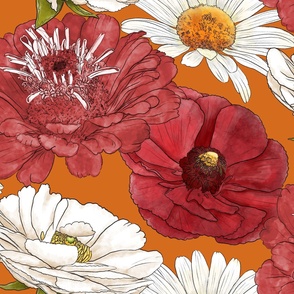 Floral Quartet - Red & White Ranunculus, Red Zinnias, and Daisies on Deep Orange