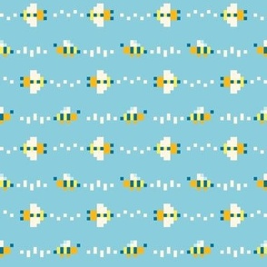 Cute Pixel Art Bees Flying in Stripes - Light Blue - LARGE Print Version