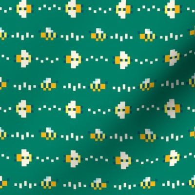 Cute Pixel Art Bees Flying in Stripes - Dark Green - LARGE Print Version