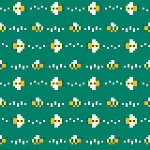 Cute Pixel Art Bees Flying in Stripes - Dark Green - LARGE Print Version