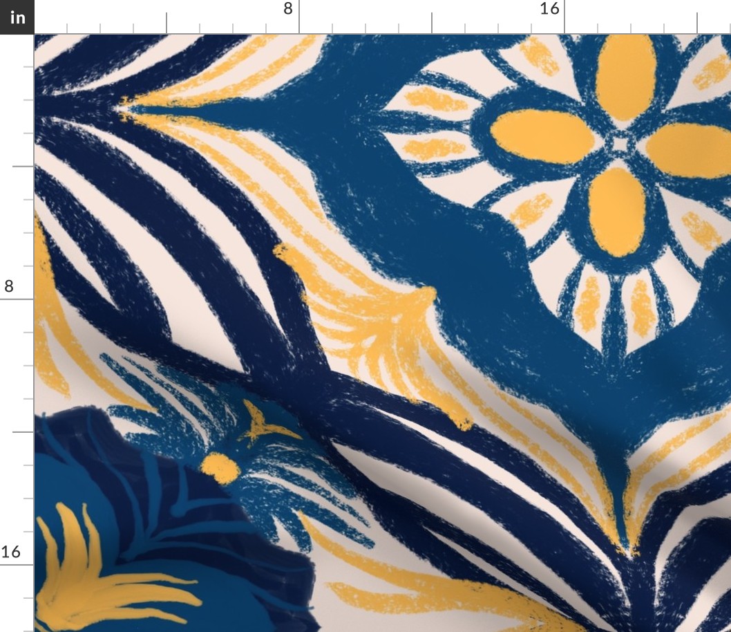 Beige Soufflé Nouveau: Vintage Blue & Yellow Floral Tile, Large