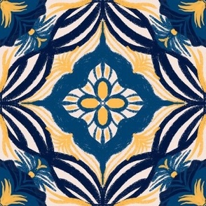 Beige Soufflé Nouveau: Vintage Blue & Yellow Floral Tile, Medium