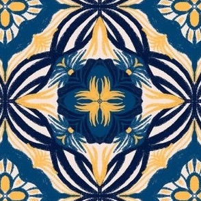 Beige Soufflé Nouveau: Vintage Blue & Yellow Floral Tile, Small 