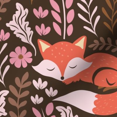 Sleepy Fox Sweet Dreams, Foxes and Floral, Cute Fox Print - Woody Brown