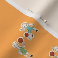 Fabric Texture backdrop- Cartoon Basketball Players Kids: Tangerine, Ocean Green, Peach White, Red Devil, Deep Yellow