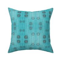  Mirror Repeat: Mandala Floral Pattern  on Jean fabric texture backdrop with sport balls in Center - Pacific Blue