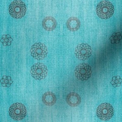  Mirror Repeat: Mandala Floral Pattern  on Jean fabric texture backdrop with sport balls in Center - Pacific Blue