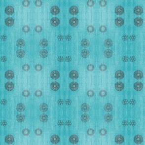  Mirror Repeat: Mandala Floral Pattern  on Jean fabric texture backdrop with sport balls in Center - Pacific Blue