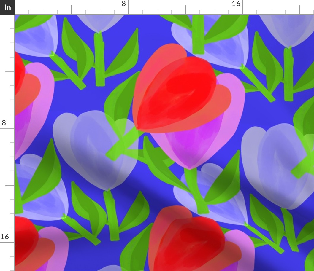 Adorable Red Purple Flowers Blue Background - Hand-drawn