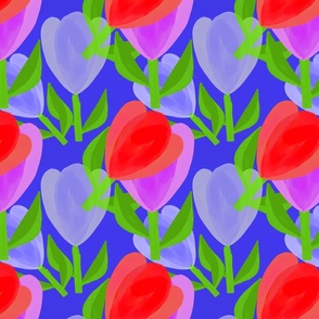 Adorable Red Purple Flowers Blue Background - Hand drawn