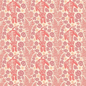 Tiger in the jungle in pink with monstera and fern leaves 6in Large repeat