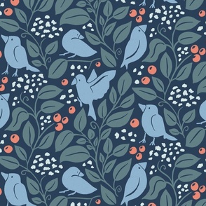 Birds and Blueberries with Baby Breath Flowers and Trailing Leaves dark blue 12in JUMBO repeat