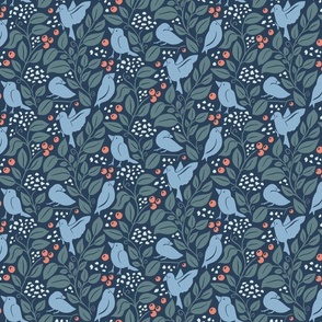 Birds and Blueberries with Baby Breath Flowers and Trailing Leaves dark blue 6in large repeat